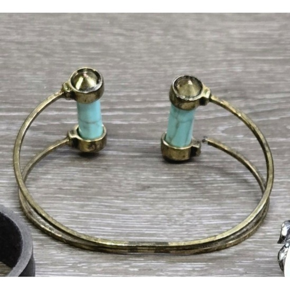 Turquoise Bar Cuff Bracelet Gold Tone Open Bangle Southwest Style Boho